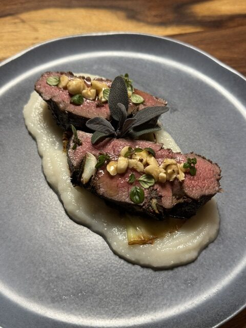 Venison Topside spiked with new season garlic &amp; sage, light puree of Jerusalem artichokes, hazelnut butter - Tasmanian Game Meat Recipes